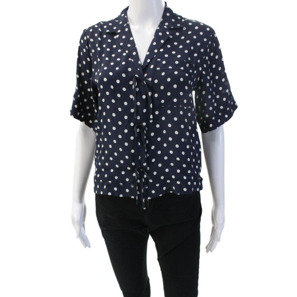 Birds of Paradis Women Dark Blue Polka Dot Collared Button Blouse Size XS